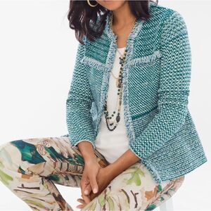 Chico’s Blazer Women’s 1 / Medium / 8 Structured Teal Tweed Open Front Cardigan
